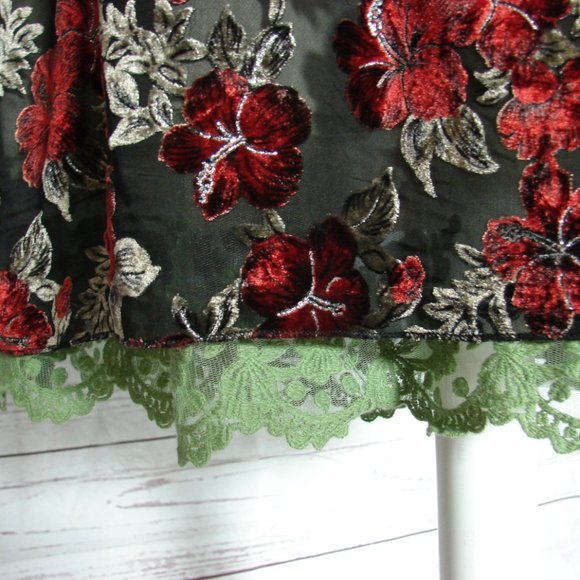 Floral Velvet Burn Out Burgundy Green Lace Dress L - Picture 11 of 16